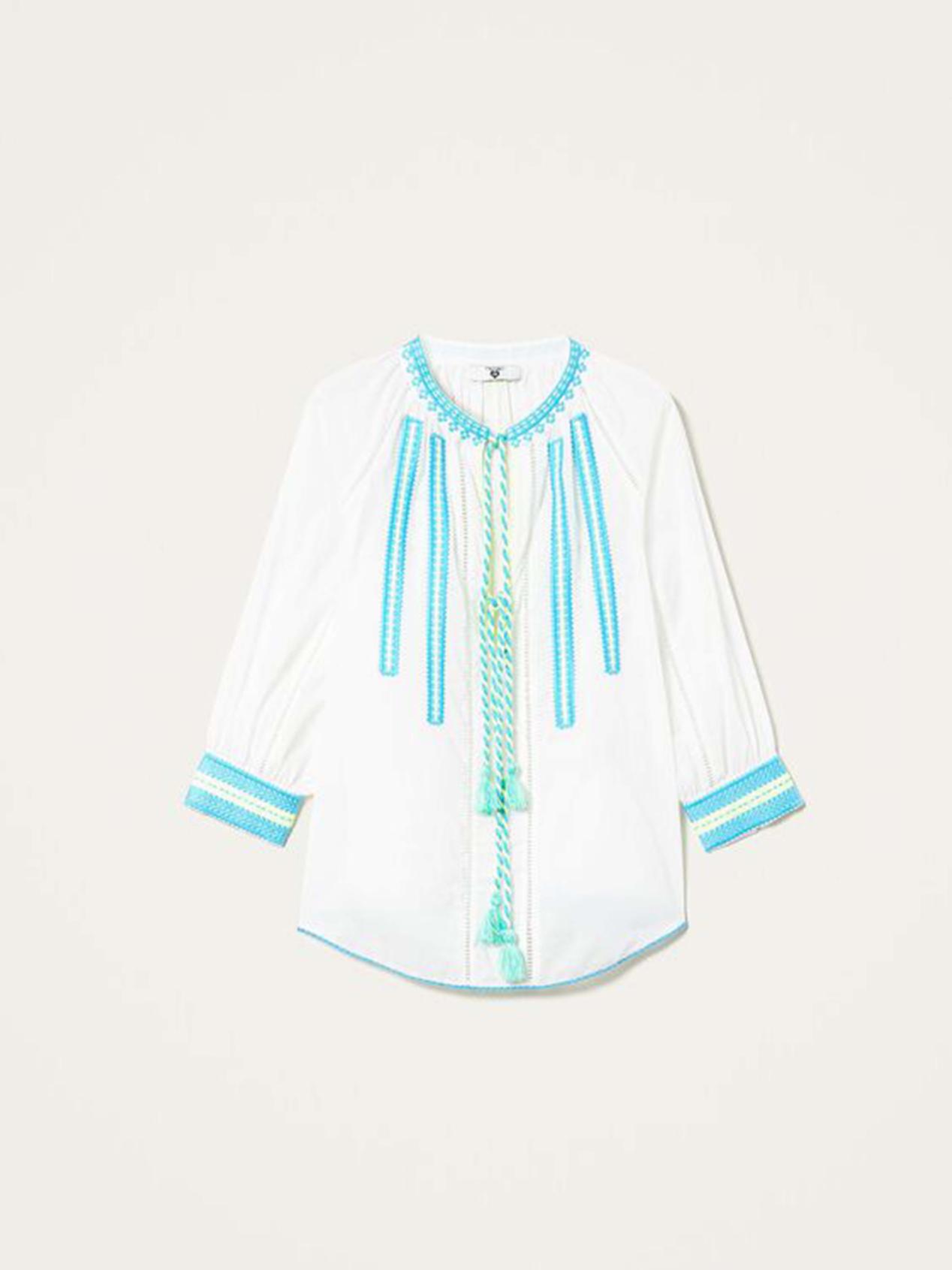 TWINSET Blusa in mussola con ricamo Art. 221LM2MAA col. Multicolor Off White / Iceland Blue / Giallo Fluo