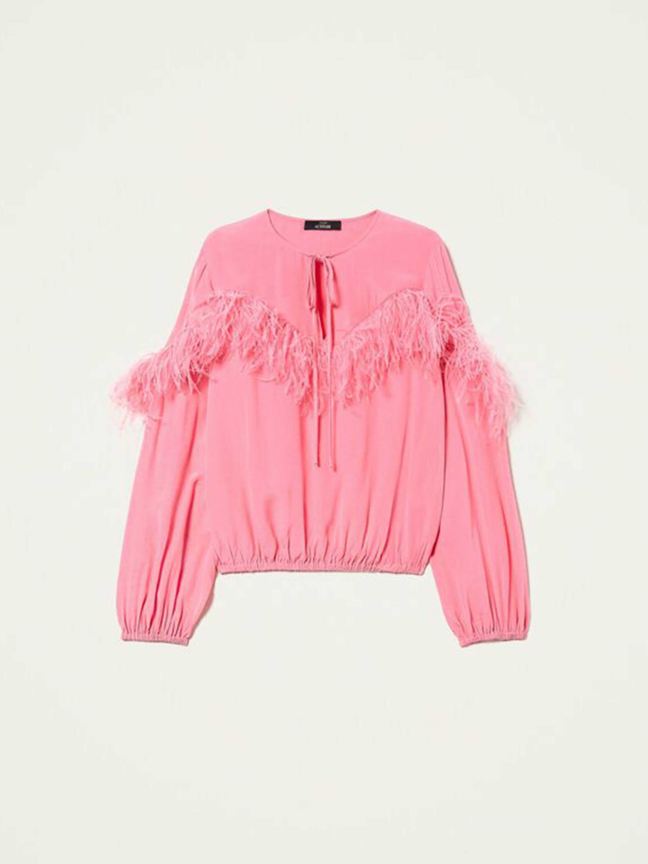TWINSET Blusa in crêpe de Chine con piume Art. 221AT2500 col. Rosa 