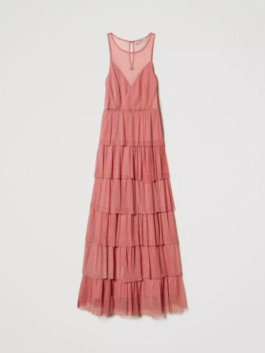 TWINSET Abito lungo in tulle plumetis a balze Art. 231TP2443 col. dark rose