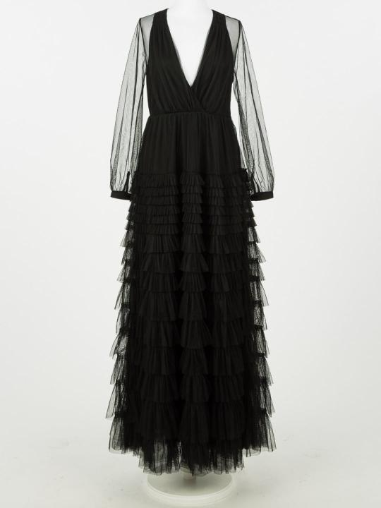 Abito lungo in tulle con balze Col. Nero