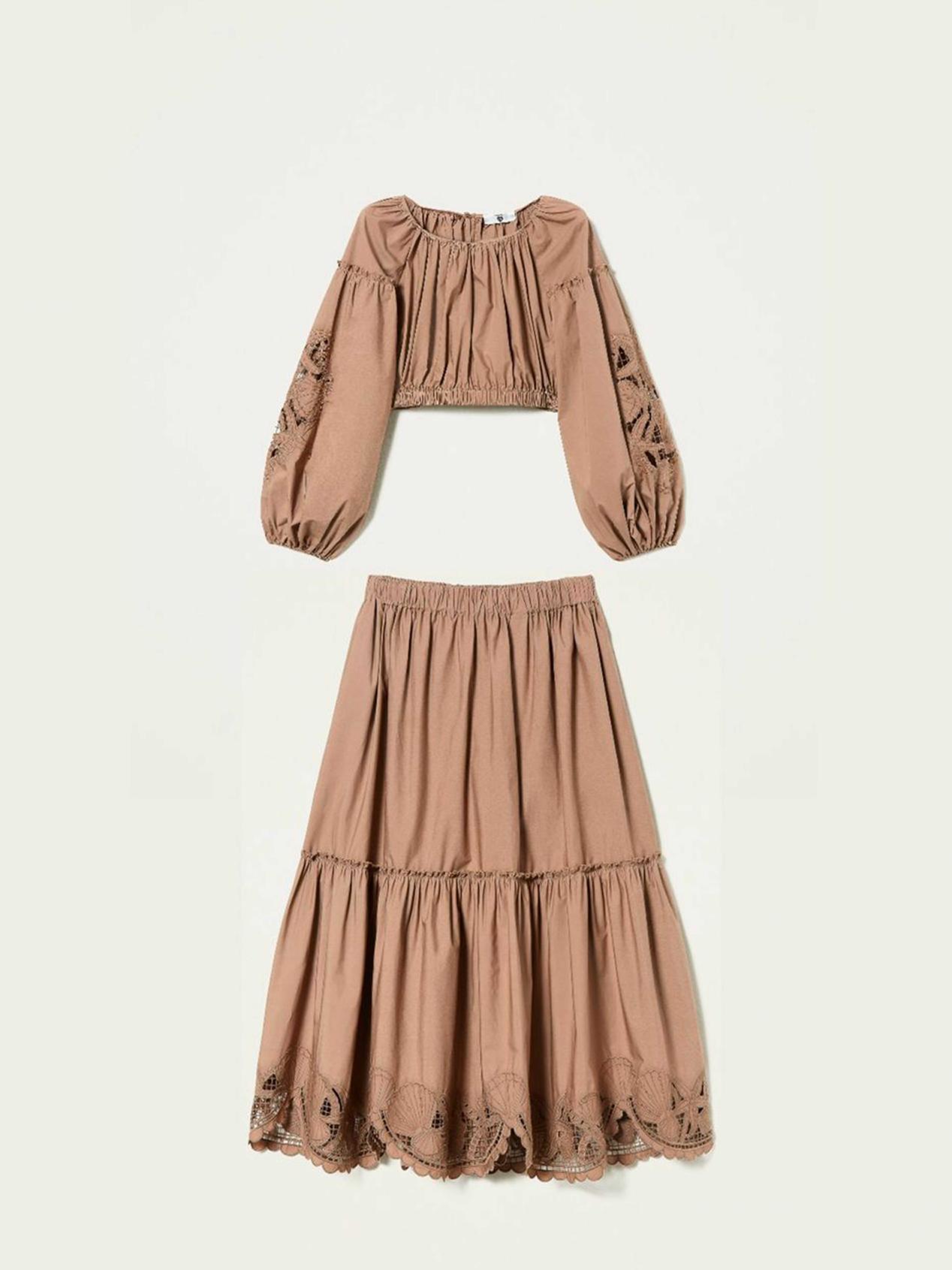 TWINSET Completo: blusa e gonna longuette a balze con ricamo  Art. 221LB2JDD/2JBB  col. Marrone