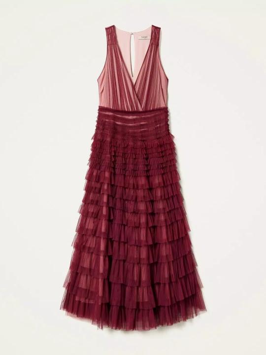Abito lungo in tulle plissè con balze Col. Grape