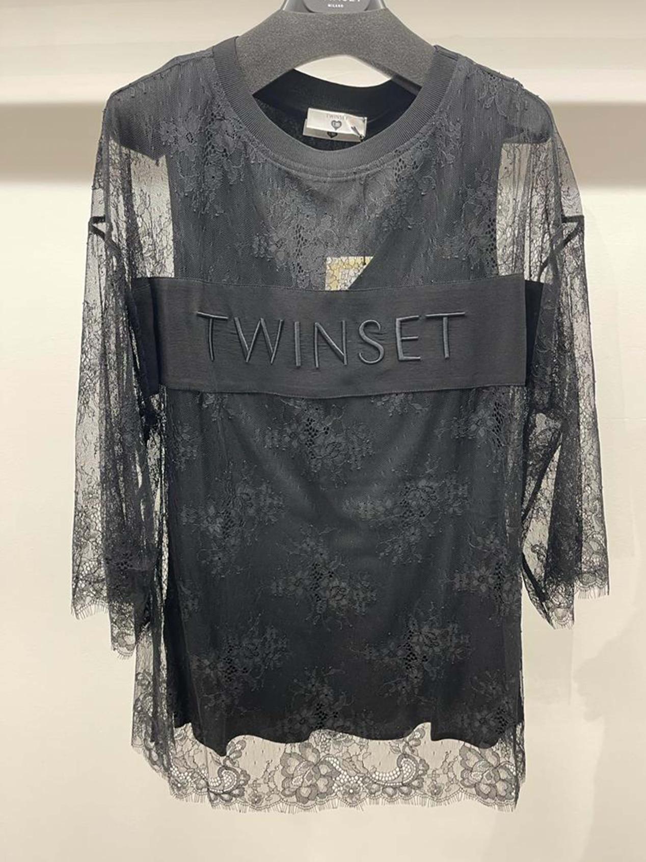 TWINSET BLusa in tulle point d'esprit e pizzo Art. 212LI3PGG col. NERO